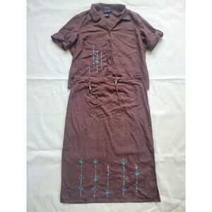 Vinatge 2 Piece Skirt Set Linen Brown Blue Bead Embroidered Women's‎ L/XL